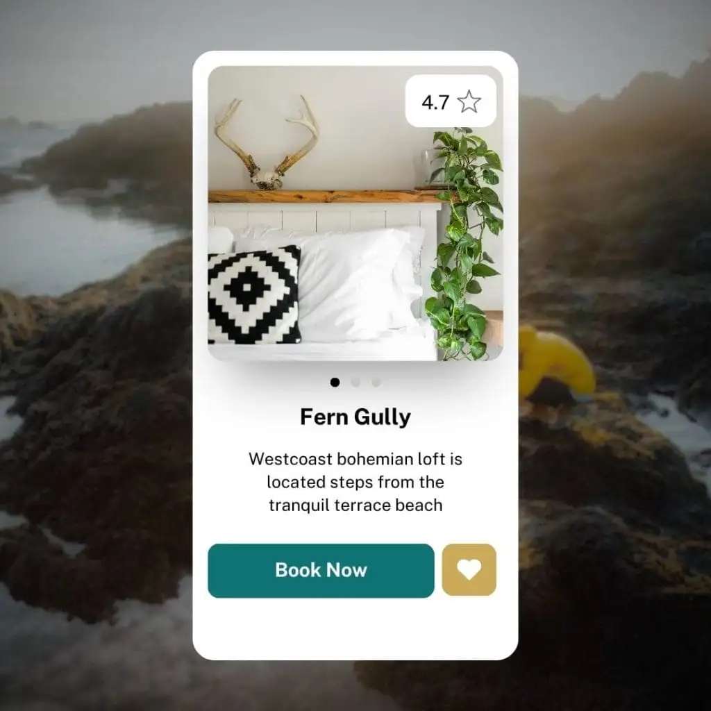 A booking card for "Fern Gully" in Whistler shows a bed with white linens, a black-and-white pillow, a hanging plant, and antlers on the wall; perfect for guests seeking top property management in Whistler. Rating: 4.7 stars.