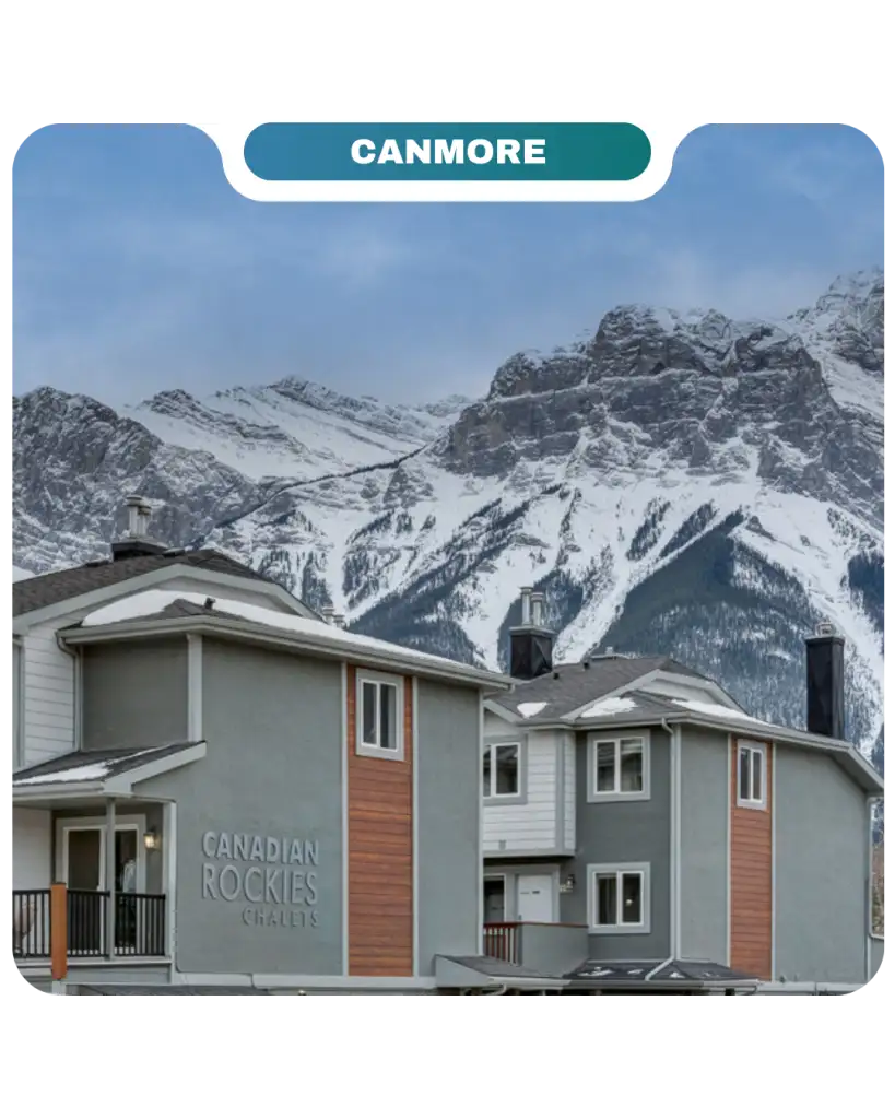 Canadian Rockies Chalets by Lifty Life, set against snow-capped mountains and a cloudy sky in picturesque Canmore.