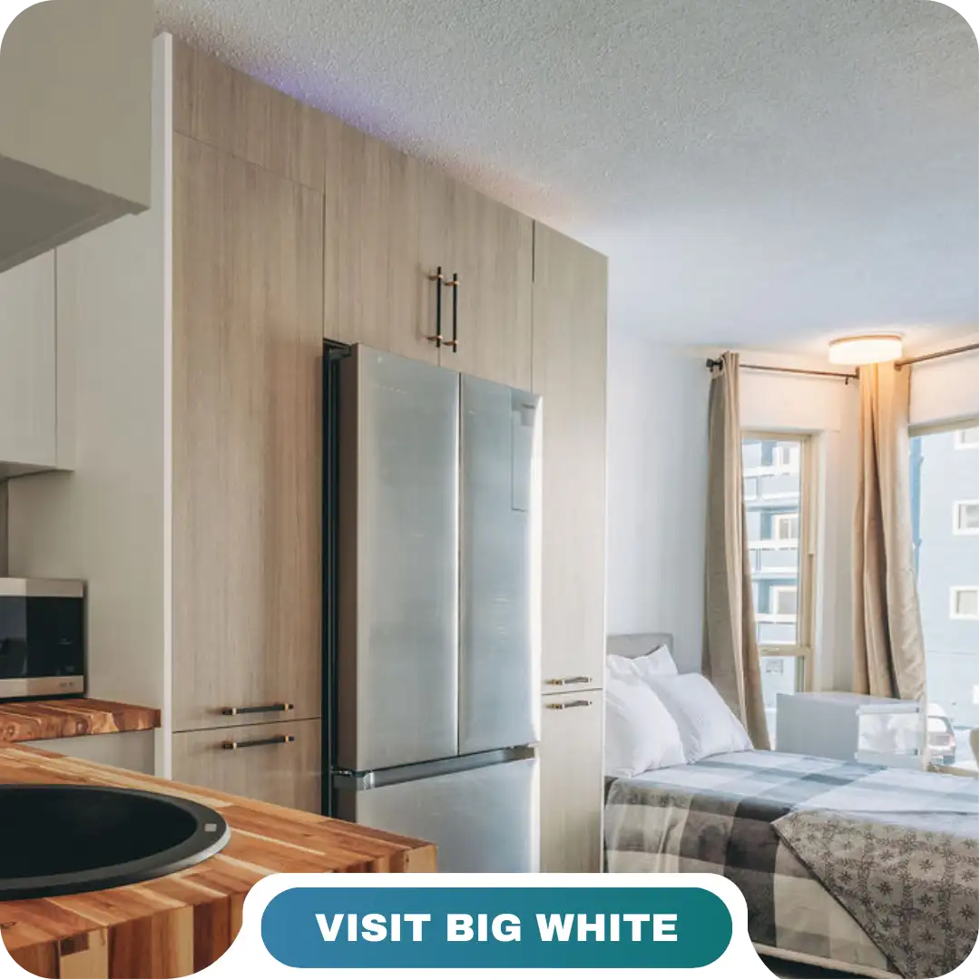 A modern studio apartment with a stainless steel fridge, wooden cabinetry, and a bed near large windows with beige curtains. Experience the comfort of Lifty Life—text on image reads: "VISIT BIG WHITE.