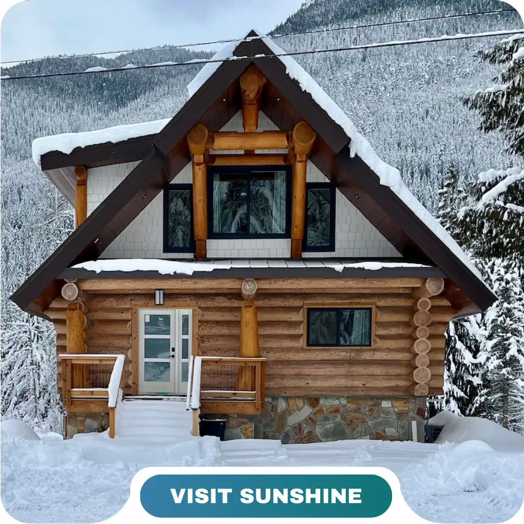 A two-story log cabin with snow on the roof and steps, set against a snowy forested mountain background captures the charm of Lifty Life. A "Visit Sunshine" button is at the bottom.