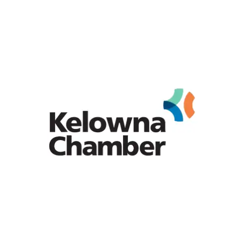 Kelowna Chamber logo with black text and three abstract, curved shapes in teal, blue, and orange on a white background—ideal for businesses like vacation rental management in Kelowna seeking professional branding.