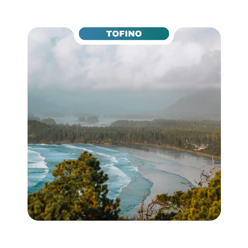 Overlooking a curved coastline with waves, forests, and misty hills under a cloudy sky in Tofino—one of the most breathtaking destinations for both travelers and homeowners alike.