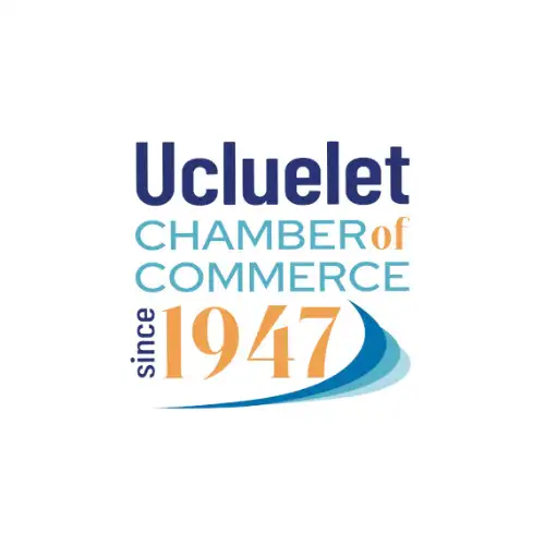 Logo for the Ucluelet Chamber of Commerce, featuring text "since 1947" with blue and orange colors, a stylized wave graphic, and a nod to vacation rental management in Ucluelet.