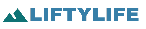 LIFTY LIFE logo with a stylized teal mountain graphic, inspired by Cultus Grove, to the left of bold blue text.