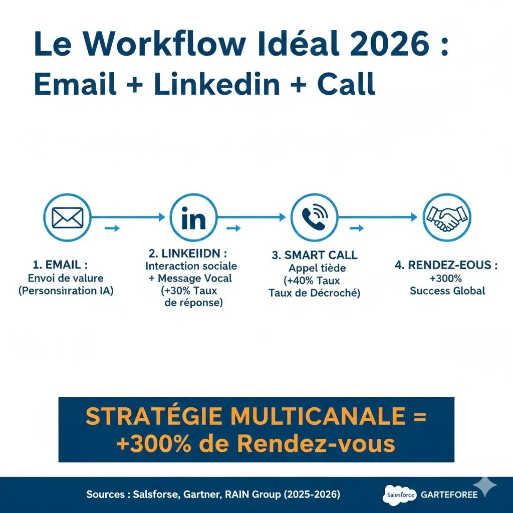 image 3 infographie : Le Workflow Idéal 2026 : Email + LinkedIn + Cold Call