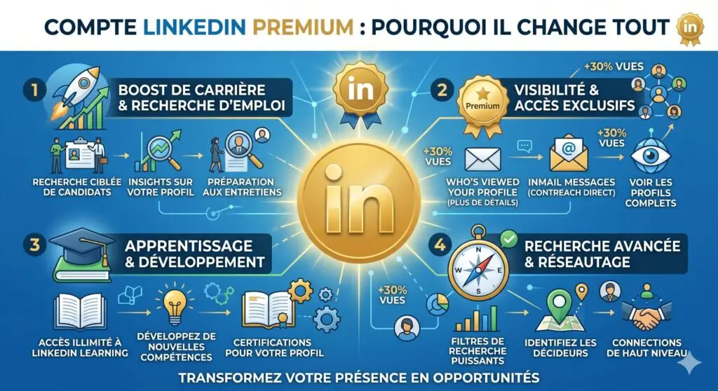 Infographie des avantages de LinkedIn Premium pour booster votre carrière.- Magileads.com