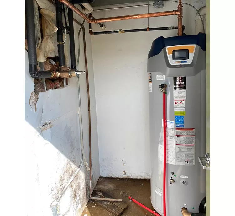 After - Commercial water heater replacement with thermostatic mixing valve and pressure regulating valve