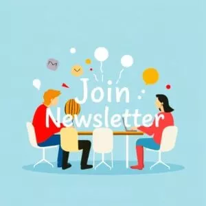 Illustration of three people sitting at a table with colorful speech bubbles above them on a light blue background. Large text in the center reads “Join Newsletter.” Perfect for charity, giving, or help-themed campaigns.