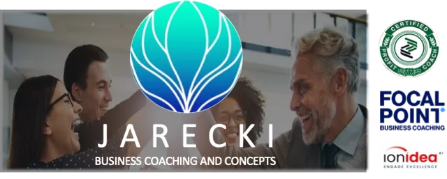 Four smiling professionals celebrate in an office, reflecting the spirit of giving. Overlaid is the JARECKI logo with “Business Coaching and Concepts.” On the right are certification and partnership logos, including ionidea.