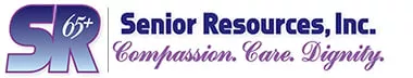 Logo for Senior Resources, Inc. featuring large stylized letters SR 65+ and the tagline Compassion. Care. Dignity.—reflecting our dedication to giving help and charity to seniors—in elegant cursive beneath the company name.