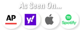 Four logos under the heading As Seen On...: Associated Press (AP), Yahoo!, Apple, and Spotify, highlighting our commitment to giving and charity through broad media recognition.