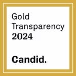 A square badge with a gold border reads Gold Transparency 2024 in black text on a white background, highlighting Charity, with Candid. in bold at the bottom.