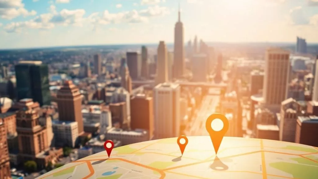 A map with three location pins in the foreground, set against a blurred city skyline with tall buildings and sunlight shining through—perfect for illustrating Google Business SEO strategies.
