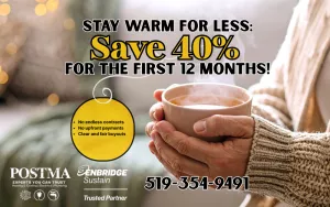 Graphic showing a homeowner warming their hands near a mug, with text about $0 upfront financing options for furnace or heat pump upgrades through Enbridge Sustain.