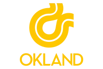 Yellow printed logo for Okland