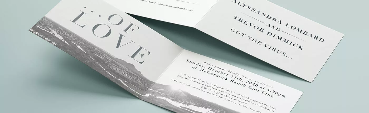 Black and white printed wedding invitation bifold.