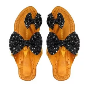 Black Shiny Bow Kolhapuri Chappal