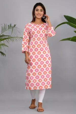 Pink and Orange Jaipuri Cotton Straight Kurta