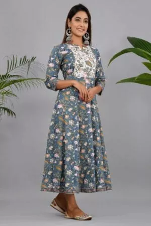 Blue Printed Cotton Anarkali Kurta