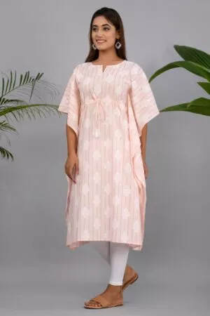 Peach Handblock Printed Tie-up Kaftan Kurta