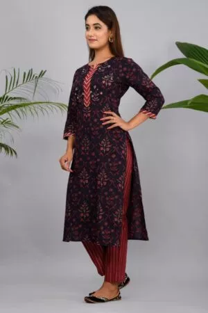 Maroon Ajrak Kurta Pant Set with Gota Details and Zari Embroidery