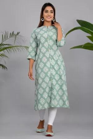 Green & White Printed Cotton Kurta with Mask