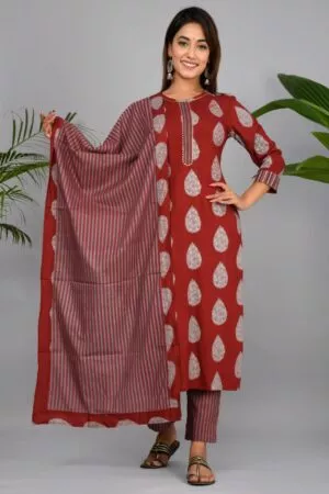 Grey and Red Rayon Suit Set with Adda Work and Dupatta