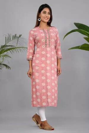 Peach Mirror-Work Rayon Straight Kurti