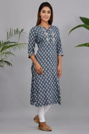Grey Viscose Rayon Straight Kurta with Zari Embroidery