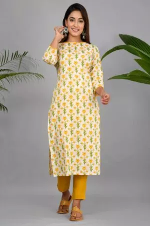 Pure Cotton Floral Yellow Suit Set with Sequin Details