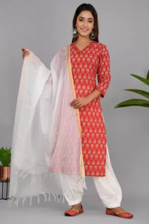 Red & White Ethnic Cotton Kurta with Salwar & Dupatta