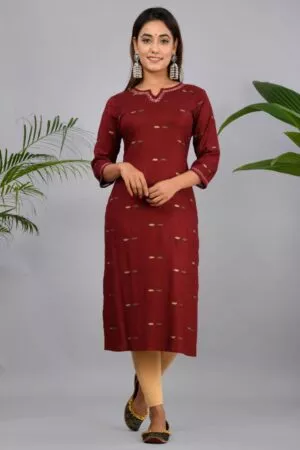 Maroon & Golden Printed Straight Kurta with Thread Work on Neck