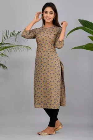 Light Brown & Blue Printed Straight Kurta