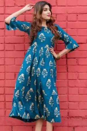 Blue Viscose Rayon Flared Dress