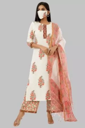 Hand Block Printed Kurta White and Peach and Pant set with Dupatta