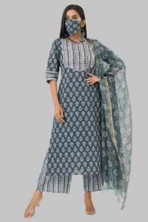 Blue Printed Cotton Kurta Set with Hand Embroidery and Dupatta