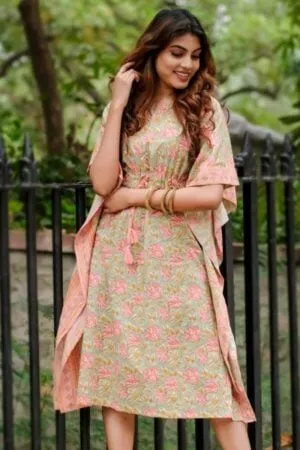 Purelylush Pink Hand Printed Cotton Kaftan Kurta