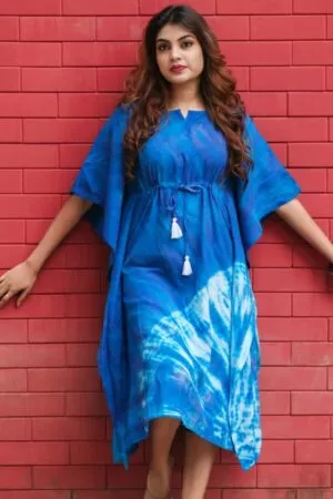 Purelylush Blue Hand Tied Dyed Extended Sleeves Rayon Kaftan Kurta