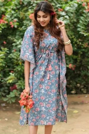 Purelylush Blue Hand Printed Cotton Jaipuri Kaftan Kurta
