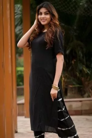 Purelylush Black Regular Solid Kurta with Tie & Dye Palazzos