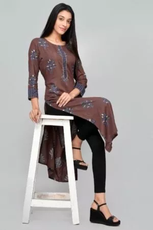 Purelylush Brown & Black Floral Hand Printed Floral Kurta