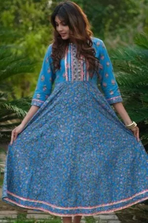 Purelylush Blue & Orange Ethnic Motifs Formal Jaipuri Maxi Dress