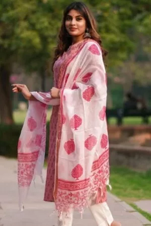 Purelylush Pink Ethnic Motifs Printed Pure Cotton Jaipur Kurta with Trousers & Dupatta