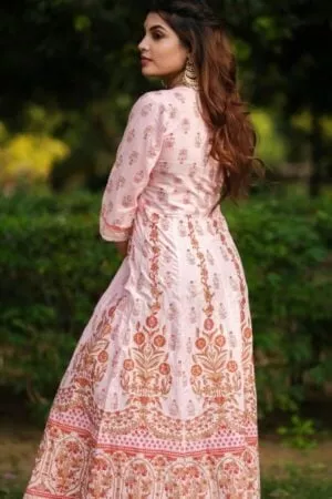 Purelylush Pink & Golden Printed Pure Cotton Jaipuri Ethnic Maxi Dress