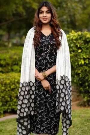 Purelylush Day Night Hand Block Painted Cotton Jaipuri Suit Set With Dupatta