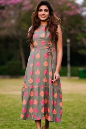 Purelylush Gunmetal Grey Hand Block Print Cotton Dress