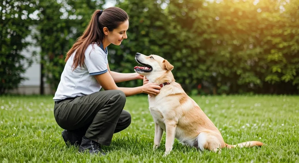 Woman petting Dog in yard.