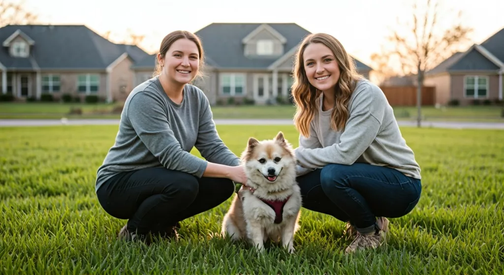Two girls with dog in front yard