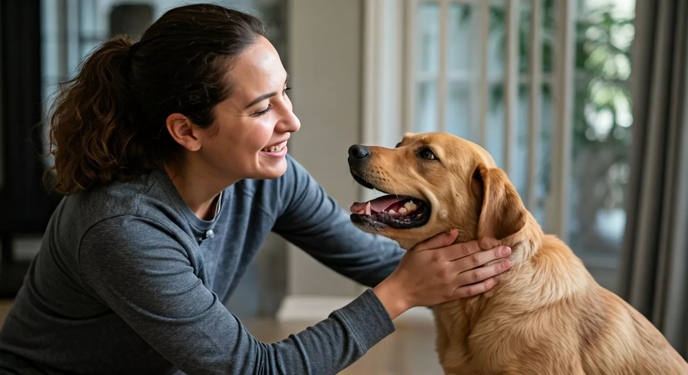 Dog sitter greeting dog at home