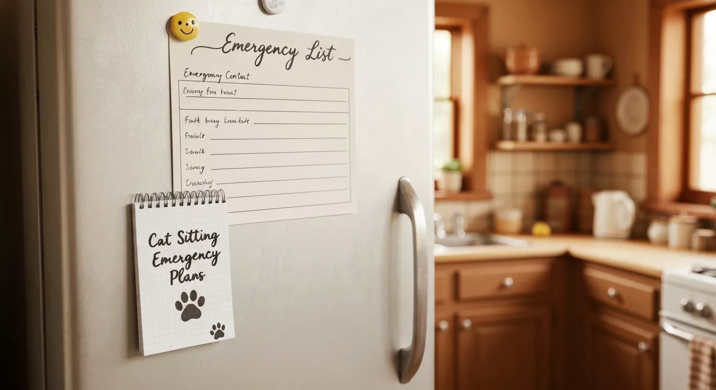 Emergency plan list on fridge door.